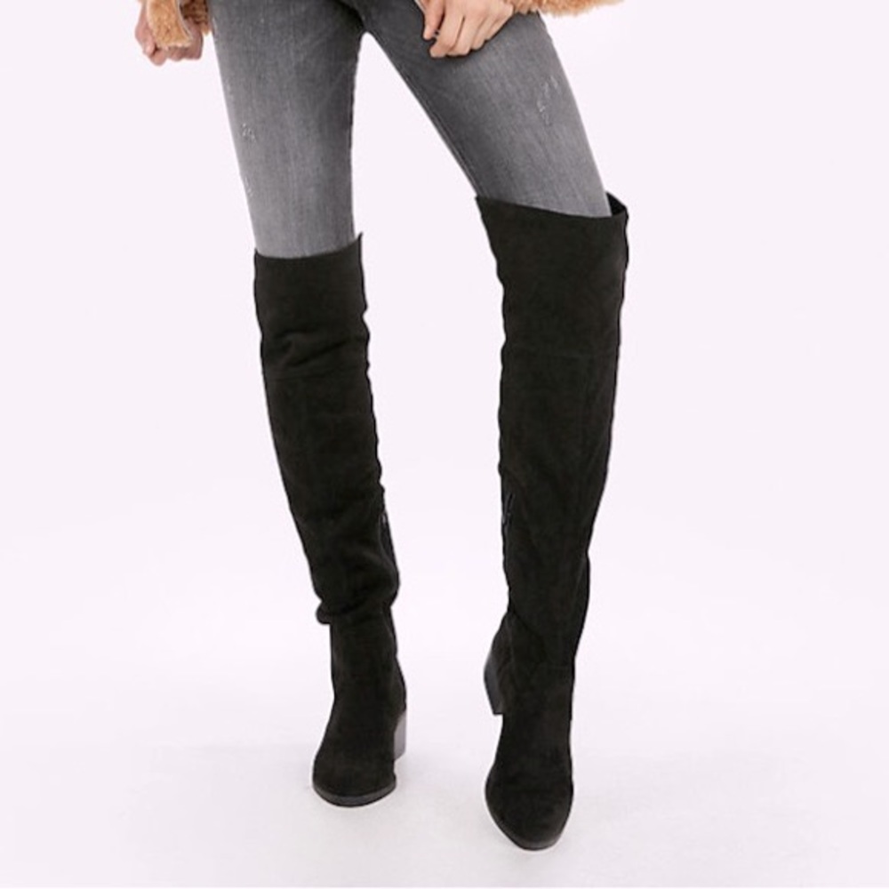 Faux suede over knee black flat boots